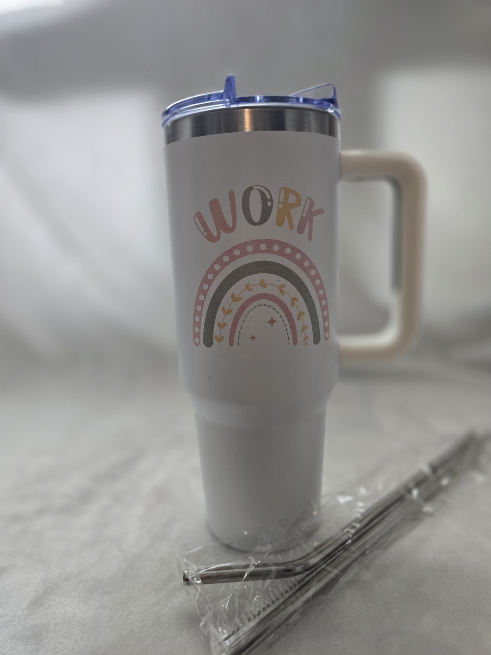 Work Rainbow White Stainless Travel Mug with Handle